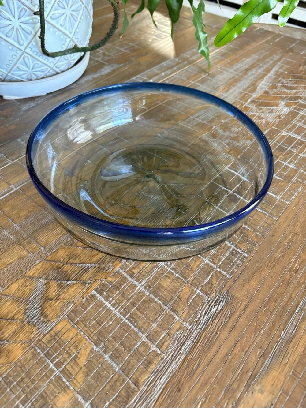 Mexican Hand Blown Glass Serving Bowl with Blue Rim - Home Dining